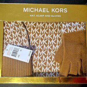Michael Kors Dark Caramel Cream 3 Piece Scarf Hat And Gloves Set- One Size